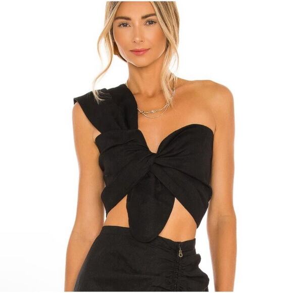 Just Bee Queen Linen Front Twist One Shoulder Sol Top in Black Size Small NWT - Picture 1 of 10